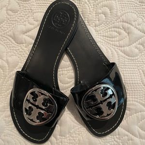 Tory Burch Black Patent Leather Slide with Silver Logo Size 6 1/2